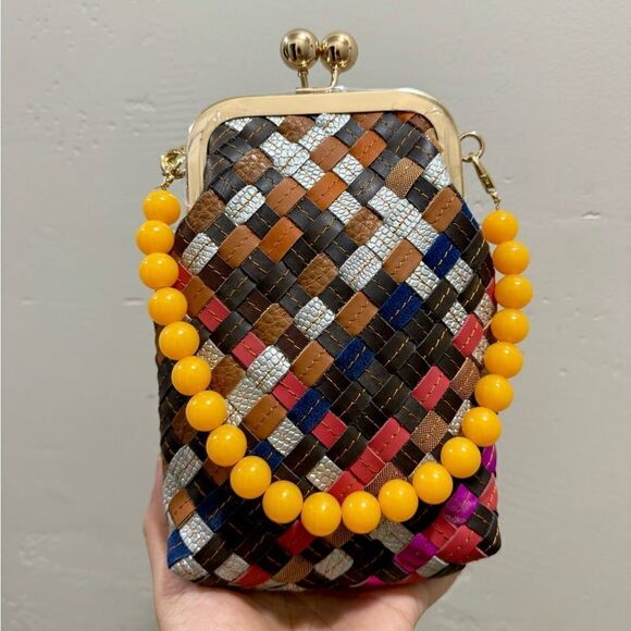Colorful Handmade Genuine Woven Leather Kisslock Clutch/Phone Pouch/ Crossbody - Picture 1 of 16
